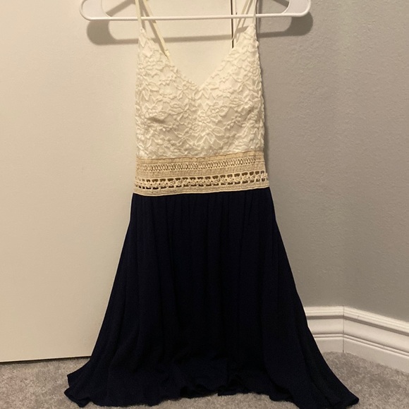 Glare. White and Navy Blue Spaghetti Cross-Back Dress - Picture 1 of 1